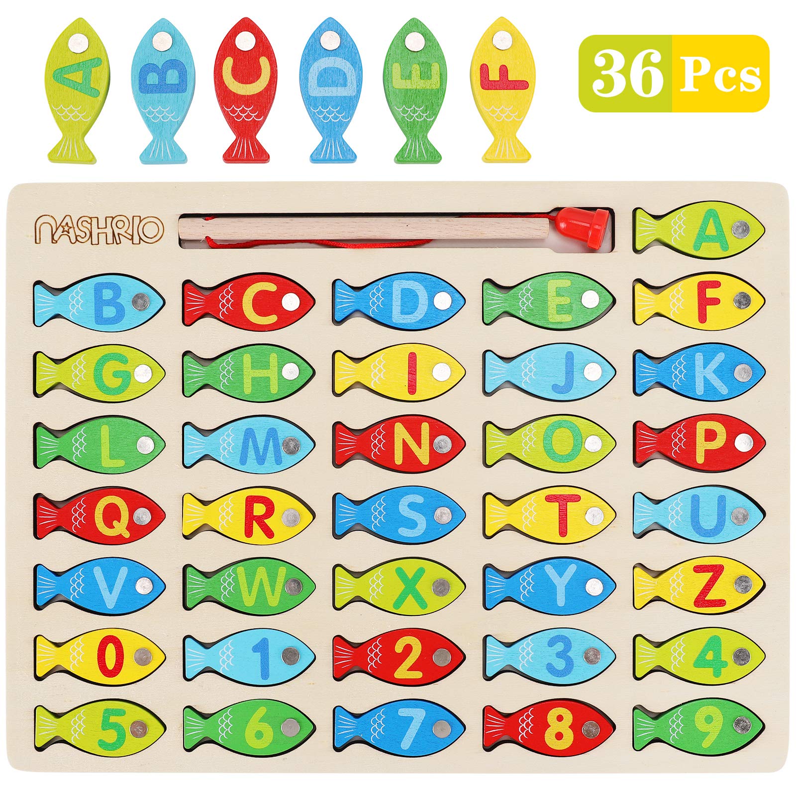 Magnetic Wooden Fishing Game Toy for Preschoolers, Alphabet Fish Catching Counting Games Puzzle