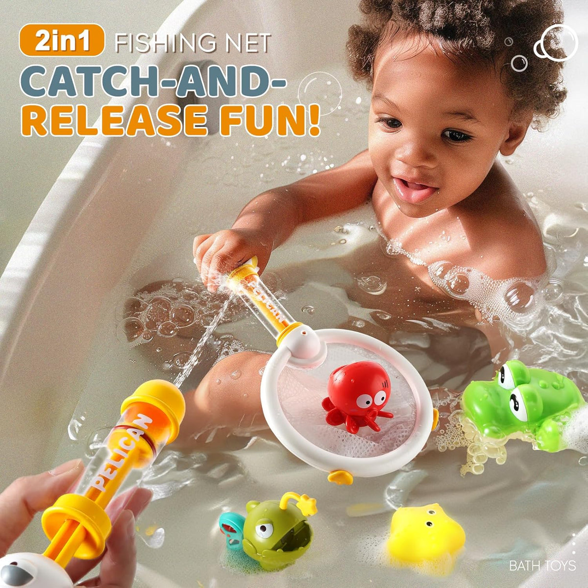Bath Toys for Kids, Magnetic Fishing Toys with Storage Bag and Light up Star, Wind Up Creatures