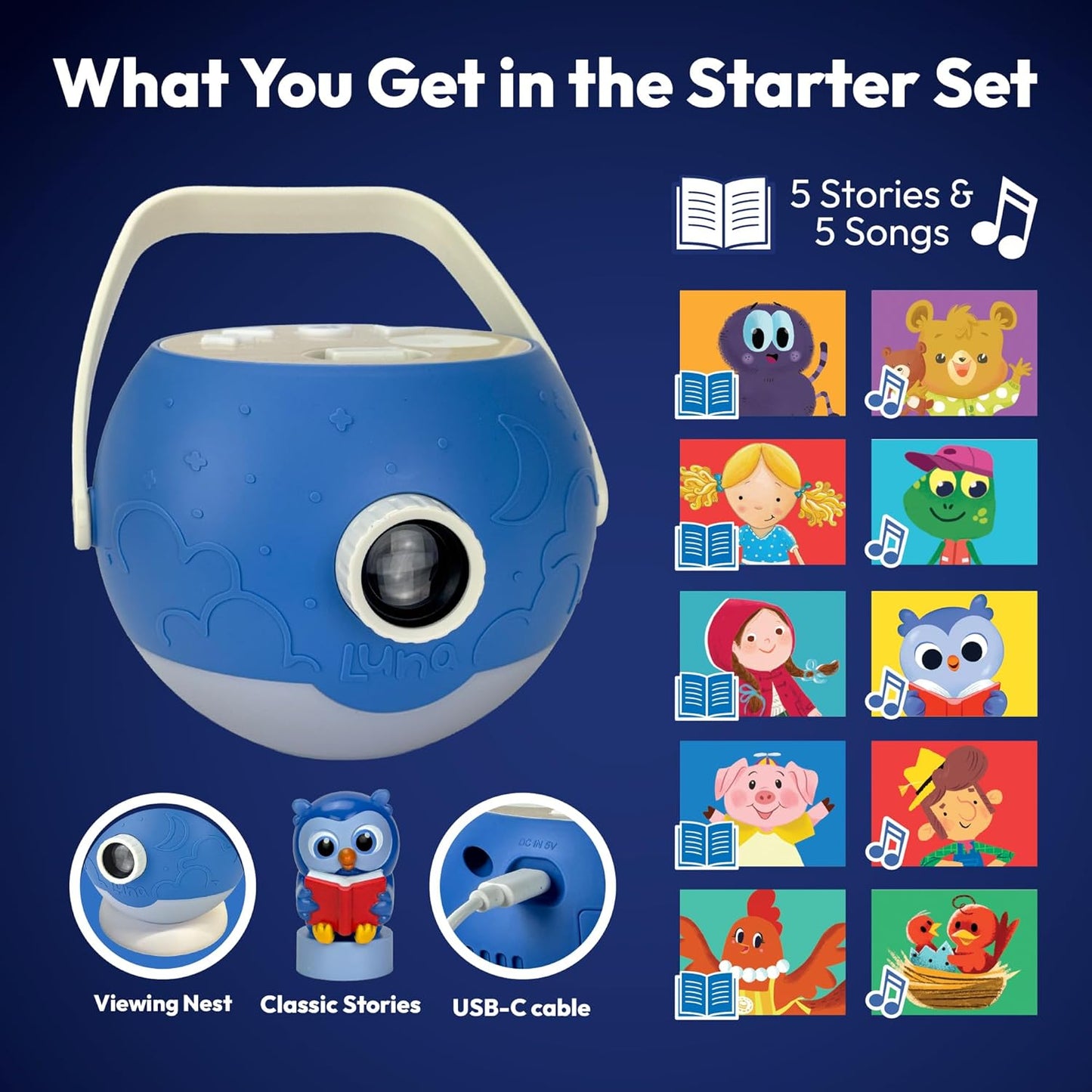 Kids Book Projector - 5 Read-Aloud Stories, 5 Songs, Night Light & Soothing Dream Music | Children