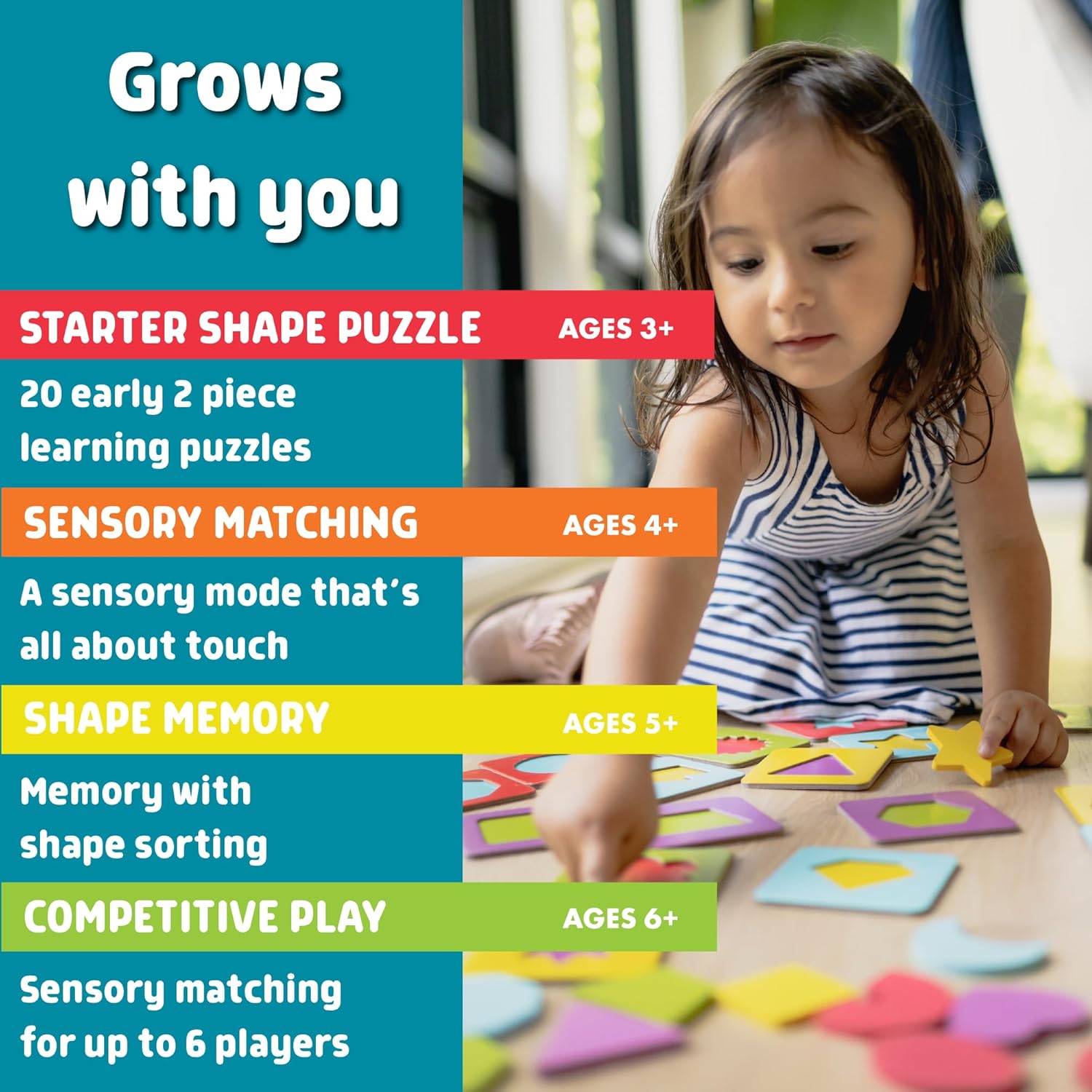 Chuckle & Roar - Matching+ Wooden Sensory Shapes - Logic Puzzles - Premium Wood Construction - Flat