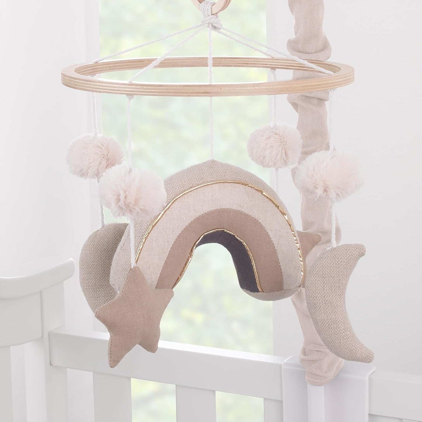 NoJo Rainbow Moon and Stars Pom Pom Ivory, Taupe, and Natural Wood Tones Plush Nursery Musical