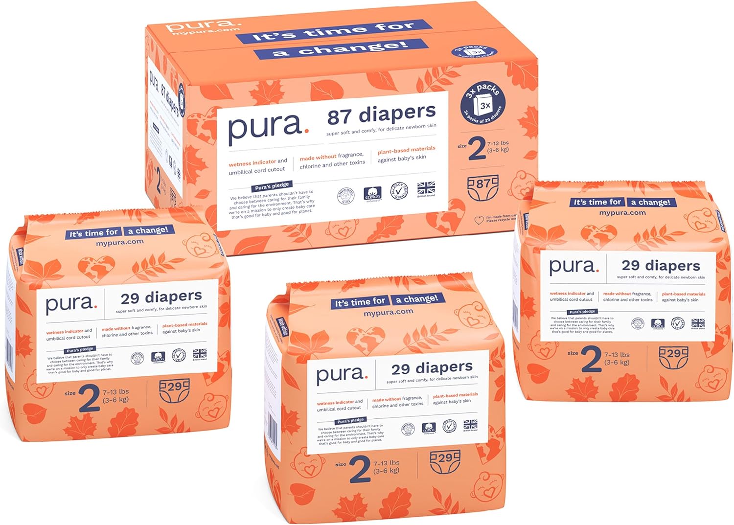 Pura Hypoallergenic Diapers, Size 2 (7-13 lbs) Totally Chlorine Free, Wetness Indicator, Suitable