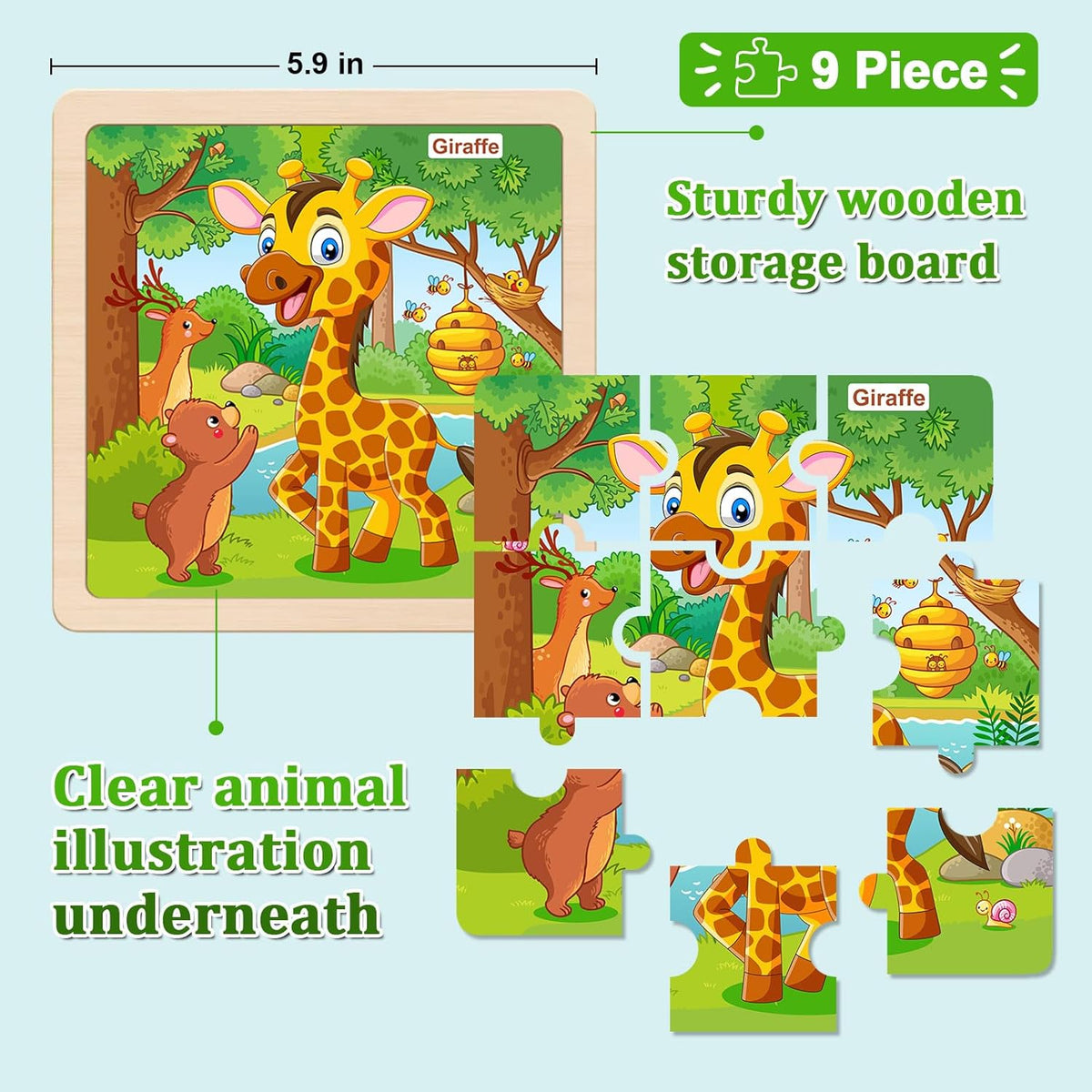 Wooden Puzzles for Toddlers 2-4, 9 Pieces Animal Jigsaw Puzzles for Kids Ages 3-5, Preschool