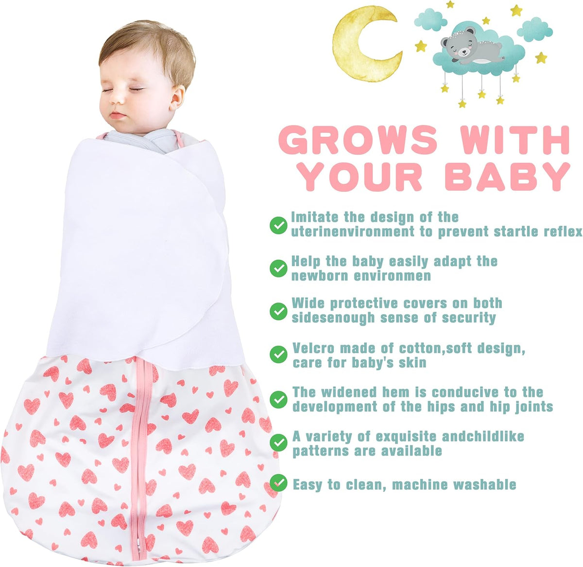 Newborn Sleep Sack Baby Swaddle,0-3 Months,3-Way Adjustable Wearable Blanket,100% Rayon Cotton