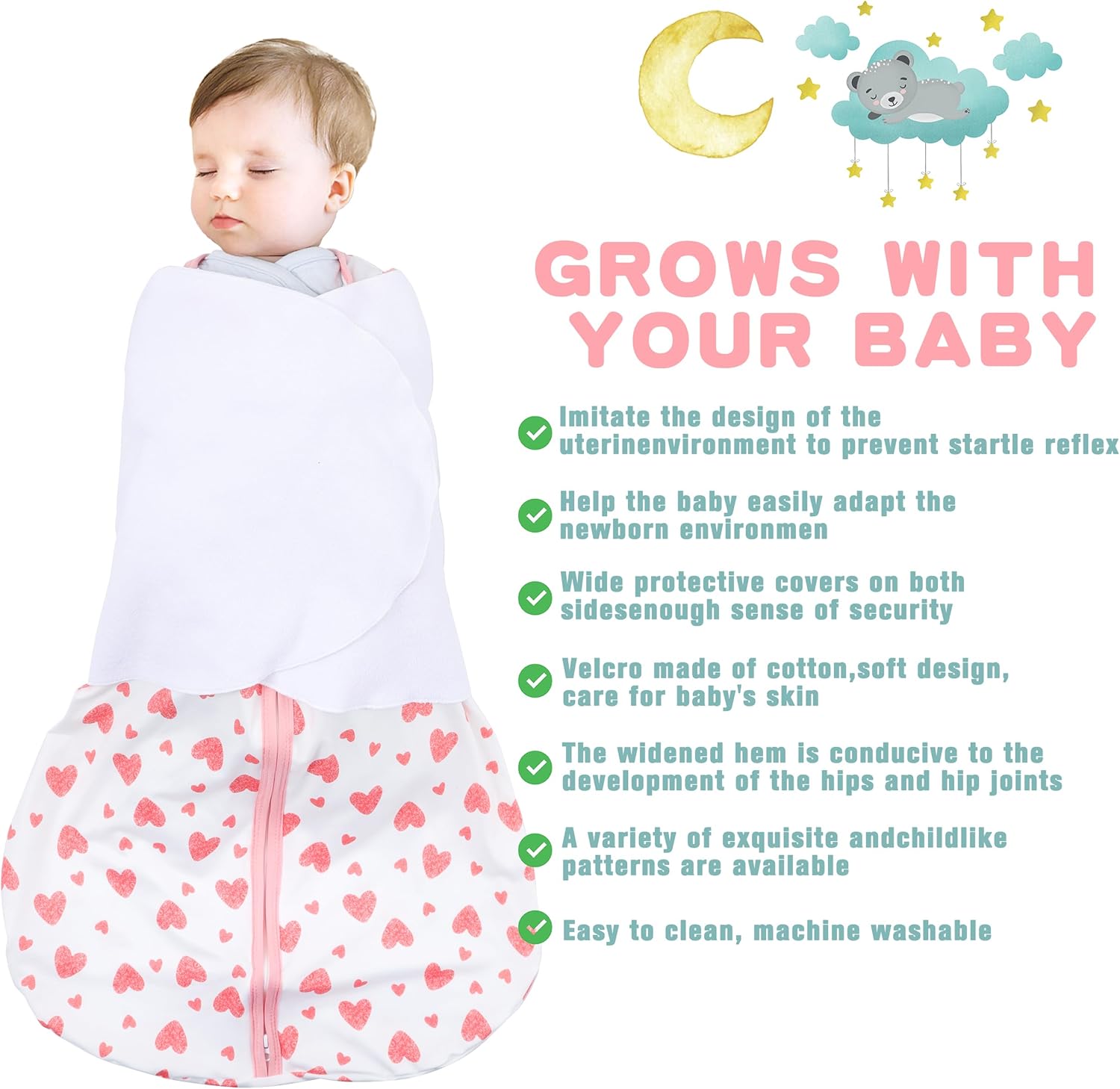 Newborn Sleep Sack Baby Swaddle,3-6 Months,3-Way Adjustable Wearable Blanket,100% Rayon Cotton