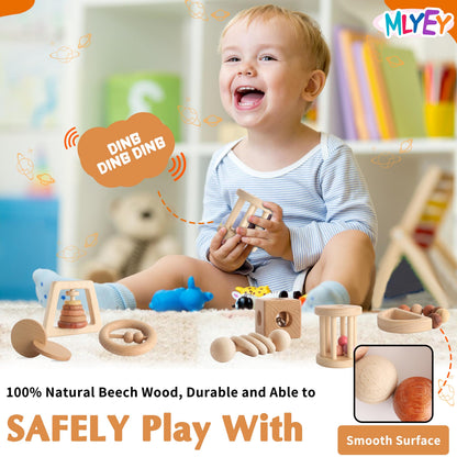 Wooden Baby Toy 8pcs, Montessori Toys for Babies 1-3 Years Old, Wooden Rattles Toy Set for Infant