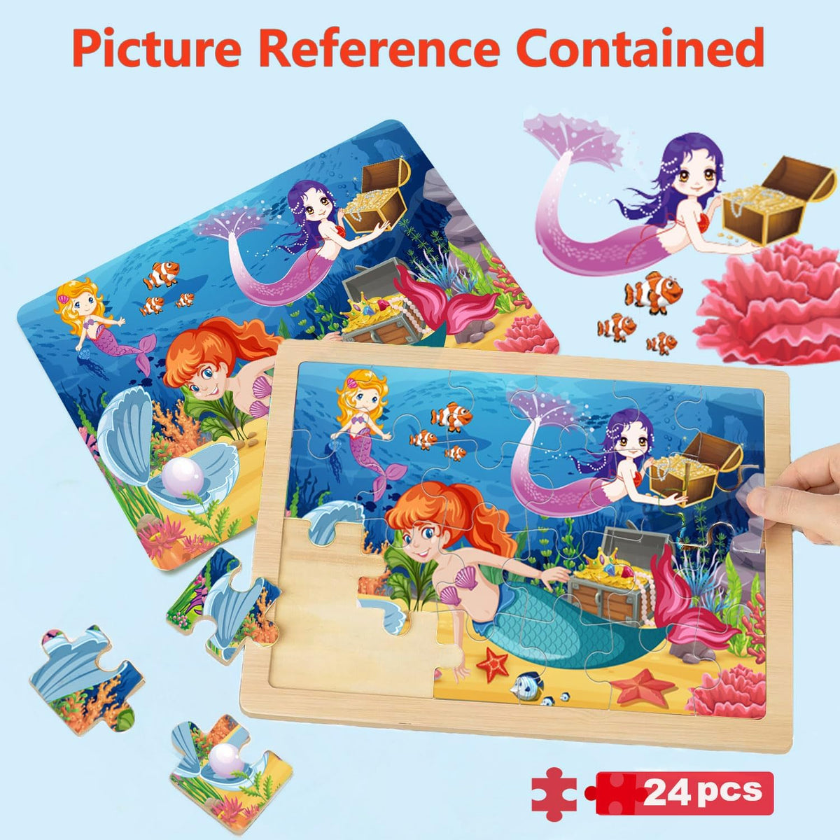 Wooden Puzzles for Kids Ages 4-6, 4 Packs 24 PCs Unicorn Mermaid Princess Fairy Jigsaw Puzzles