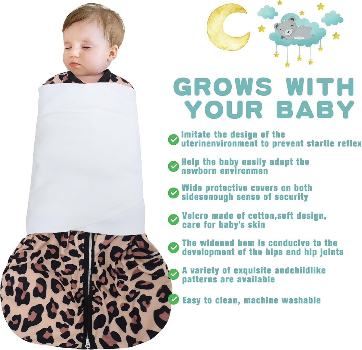 Newborn Sleep Sack Baby Swaddle,3-Way Adjustable Wearable Blanket,100% Rayon Cotton Swaddling