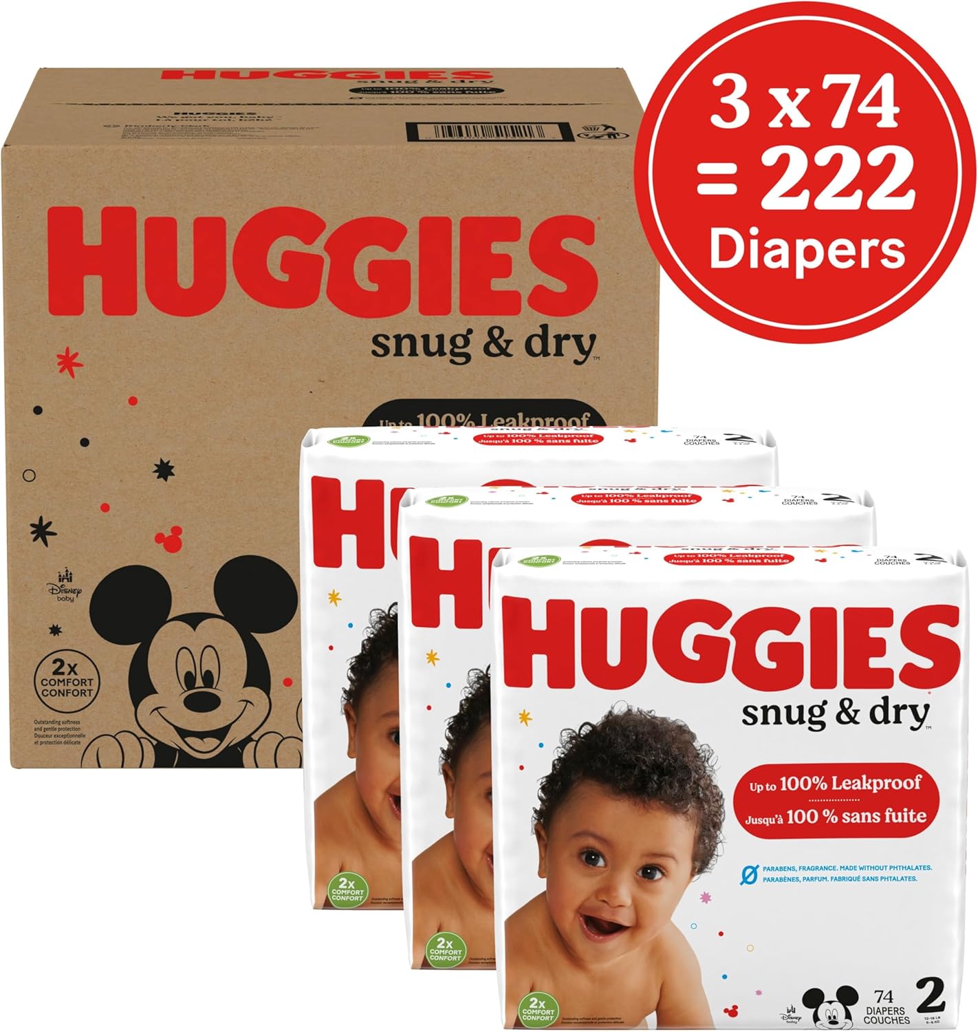 Huggies Size 2 Diapers, Snug & Dry Baby Diapers, Size 2 (12-18 lbs), 222 Count (3 Packs of 74)