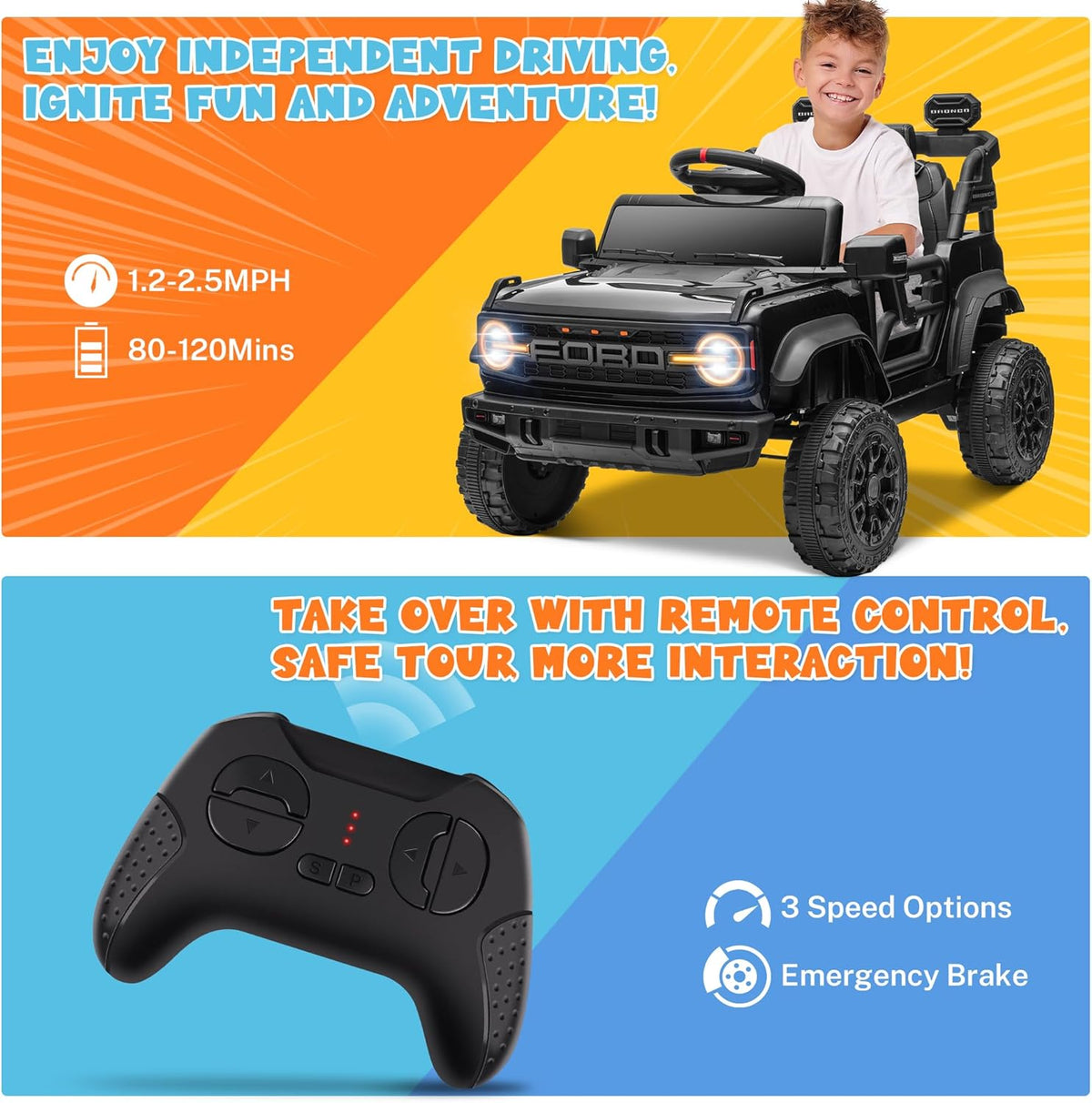 ENYOPRO 12V Licensed Ford Bronco Raptor Ride On Truck Car for Kids, Electric Play Car Ride-On Toy
