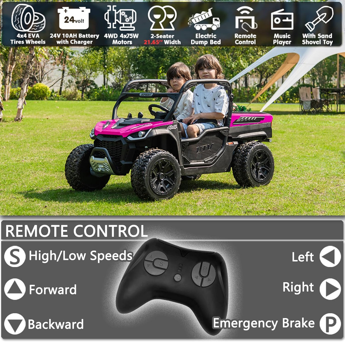 sopbost 24V Ride On Car with Remote Control 10Ah Battery Powered Ride On Toy for Big Kids to Drive