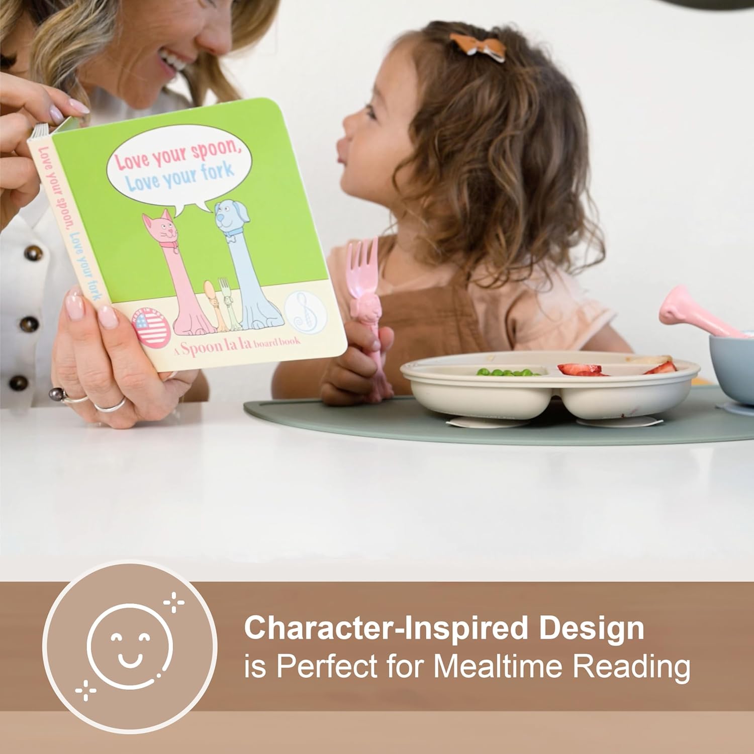 Made in USA Spoon la la Toddler Utensils Set (2 Pack) & Board Book - Spoon & Fork for Kids