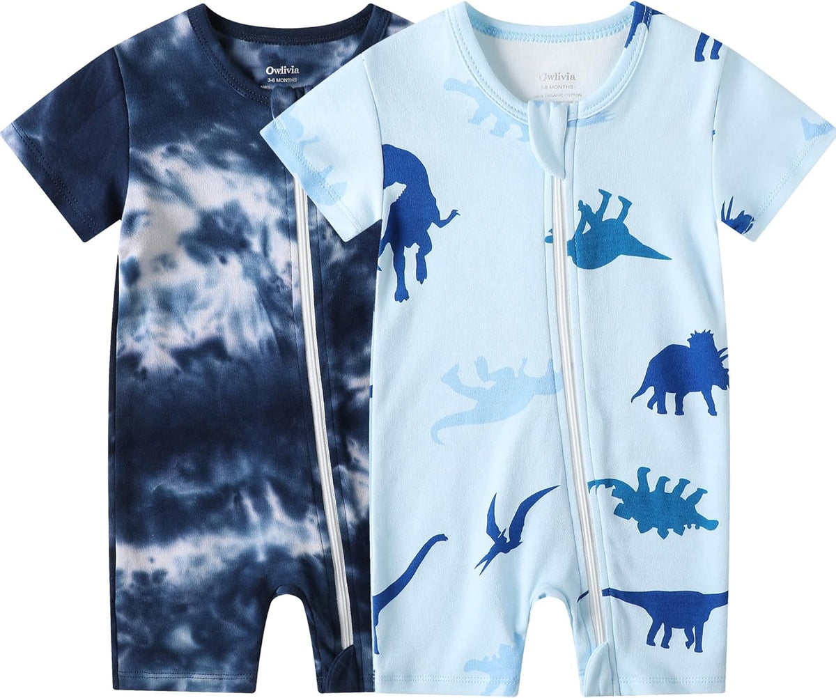 Owlivia Baby Short Sleeve Summer Romper Set, 2 Pack Tank Jumpsuit for Girls and Boys, Cartoon One