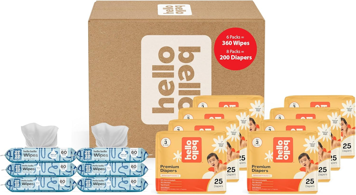 Hello Bello Mega Surprise Pack, Size 3 (14-24 lbs), 200ct Hypoallergenic Assorted Diapers with a