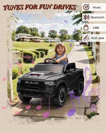 12V Licensed Ram 1500 Ride on Toy for Kids, Toddler Ride on Pickup Truck with Parent Remote