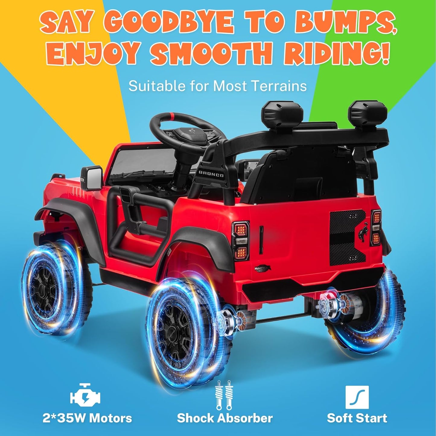 ENYOPRO 12V Kids Ride On Car with Remote Mode, Licensed Ford Bronco Raptor Electric Car for