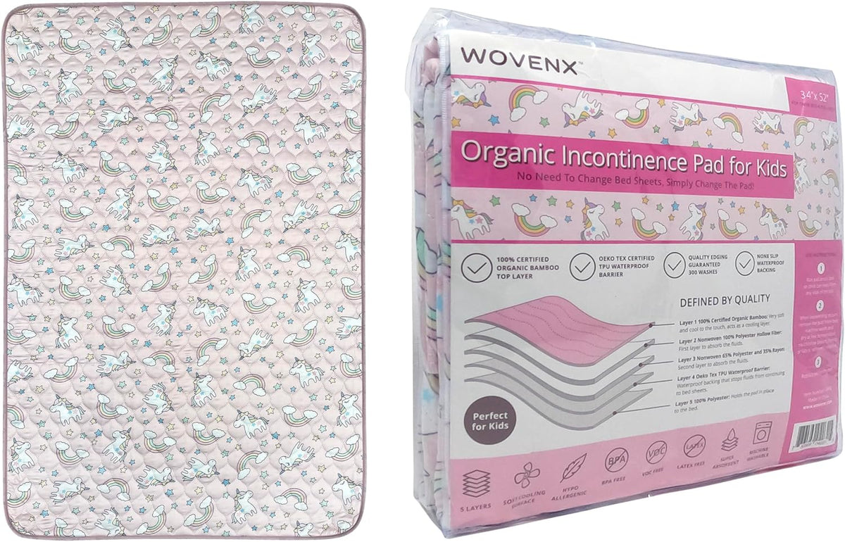 Organic Incontinence Pads for Kids & Toddlers - 5 Layer Waterproof Protectors for Overnight Bed