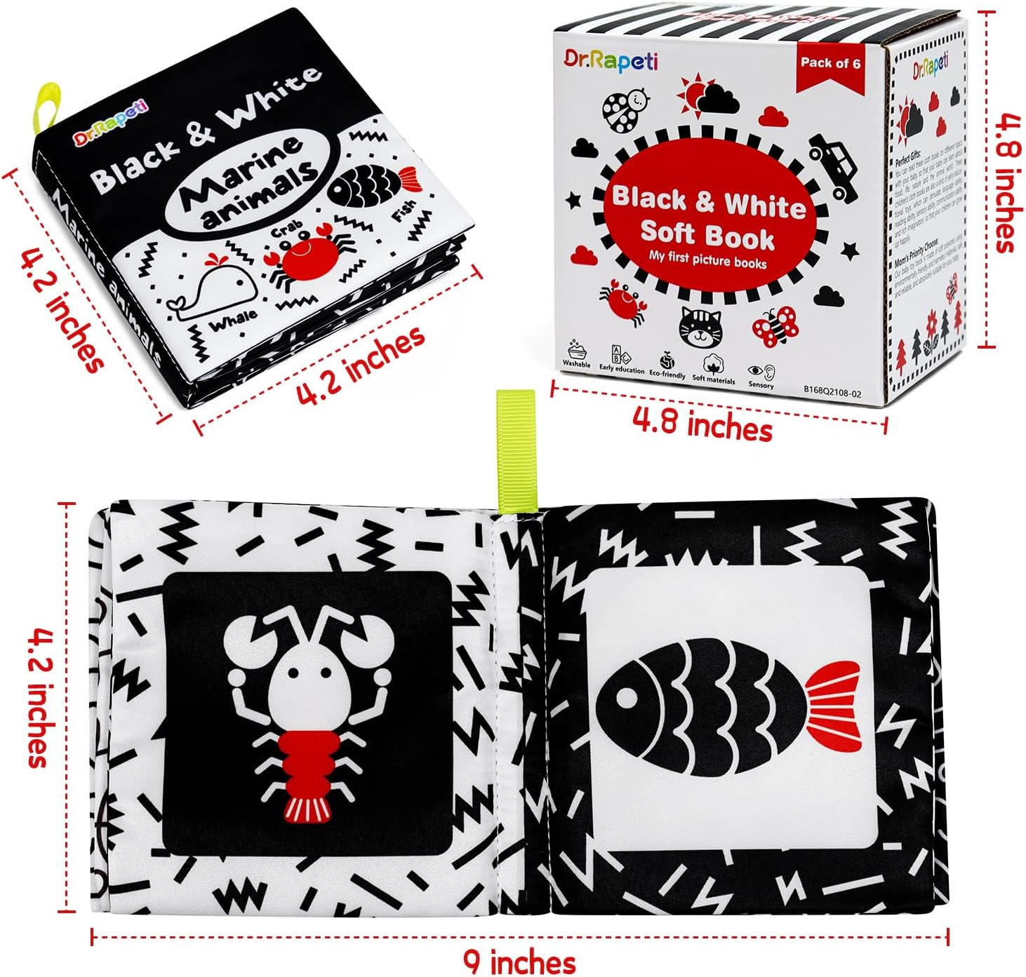 Dr.Rapeti Soft Cloth Books Baby Books Bath Books 6-Pack for Baby Infant Toddler Kids High Contrast