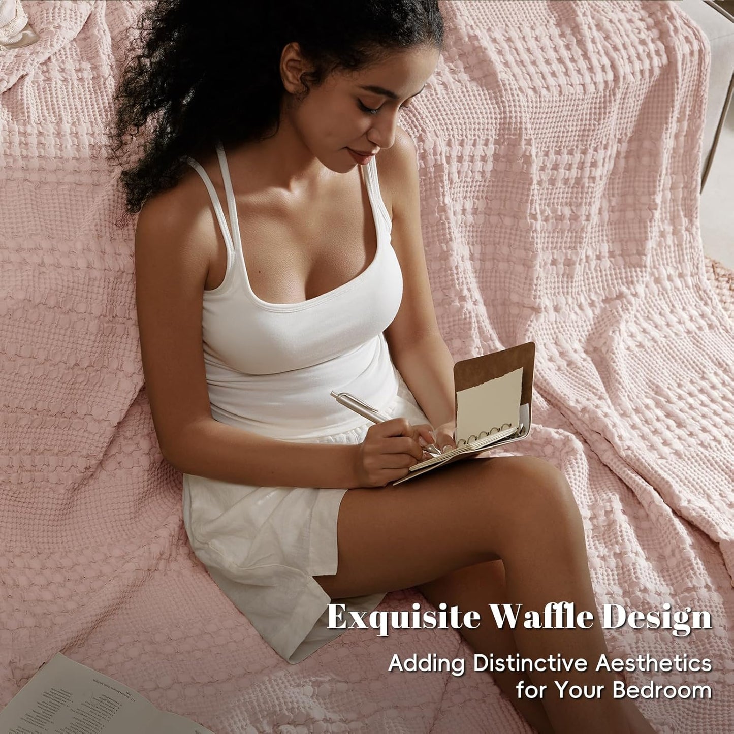 PHF 100% Cotton Waffle Weave Blanket Queen Size, Soft Lightweight Breathable Cozy Summer Blankets