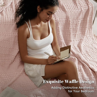 PHF 100% Cotton Waffle Weave Blanket Queen Size, Soft Lightweight Breathable Cozy Summer Blankets