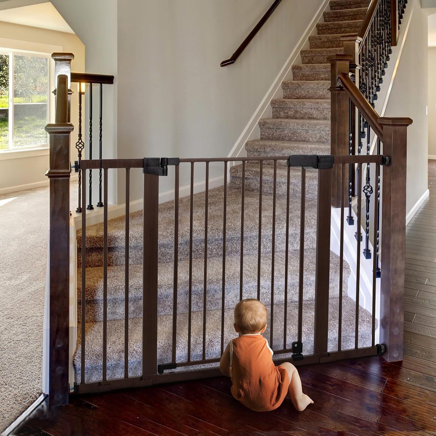 BABELIO Baby Gate with Black Wood Pattern, 29-48 Inch Auto Close Dog Gate for The House, Stairs and