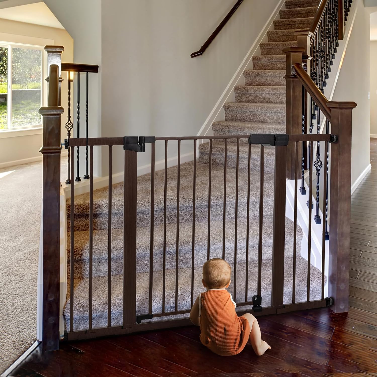 BABELIO Baby Gate with Black Wood Pattern, 29-48 Inch Auto Close Dog Gate for The House, Stairs and