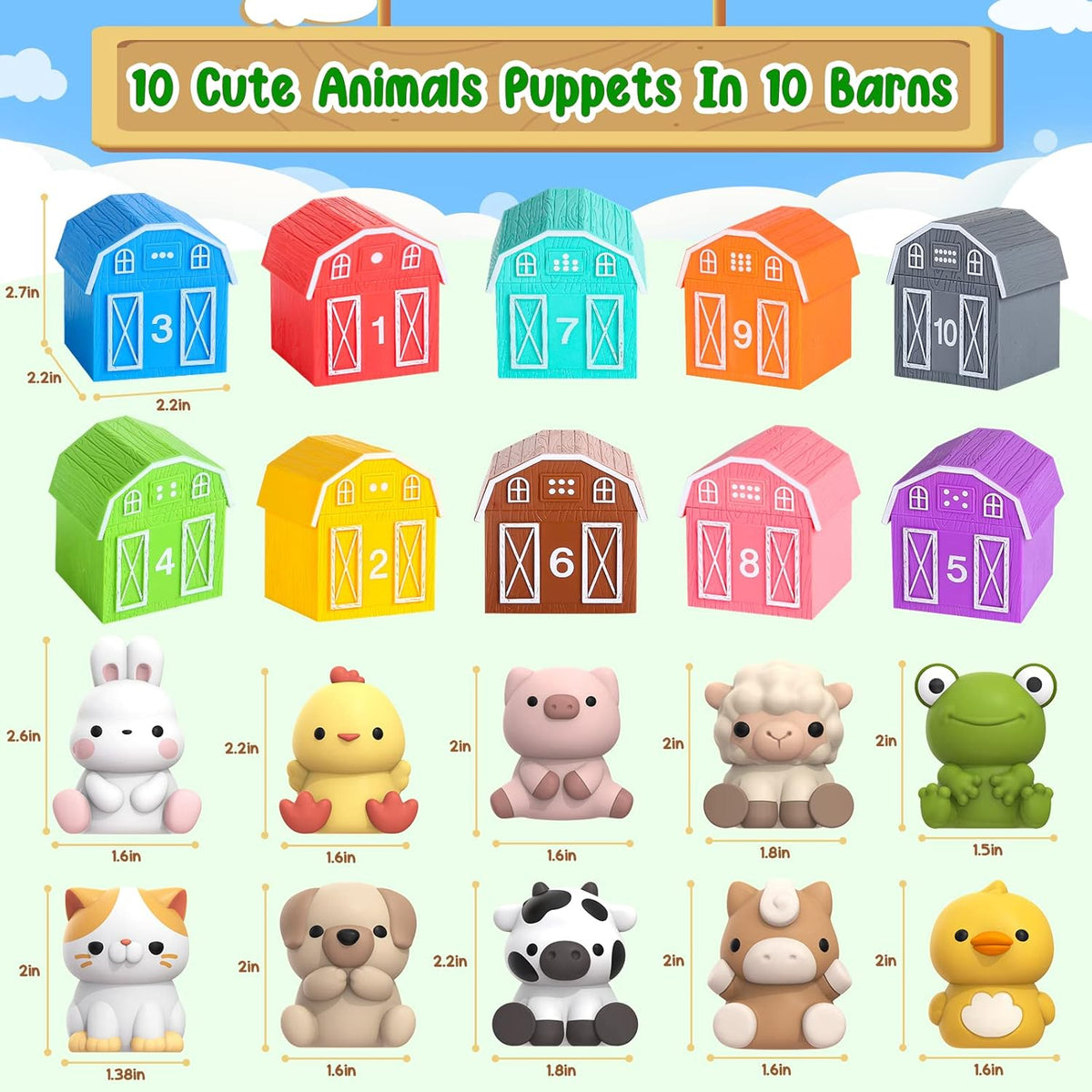 Learning Toy for Toddlers 1 2 3 Year Old, 10 Farm Animal Toys & 10 Barns, Counting, Matching &