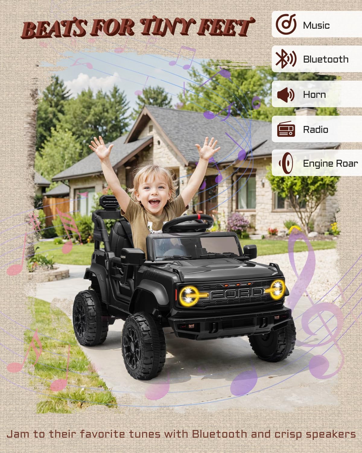 12V Ride on Toys for Kids, Licensed Ford Bronco Raptor Children Electric Vehicles, Toddler Battery