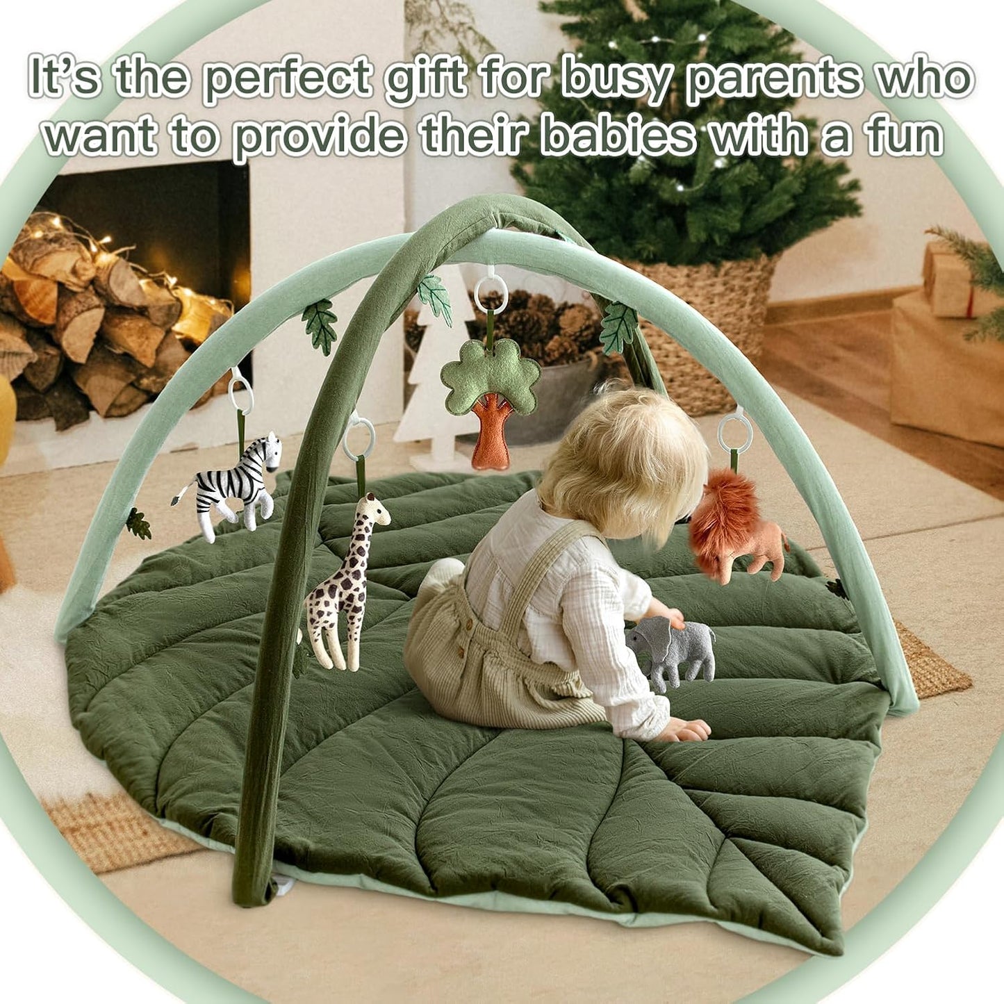 Baby Play Gym with Mat Leaf Shaped, Baby Play Mat with 6 Hanging Toys Tummy Time Mat, Baby Gym