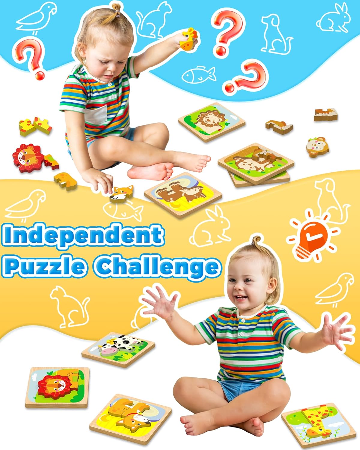 Benresive Wooden Toddler Puzzles, 12pcs Animal Montessori Toys for 1-3 Year Old Boys & Girls
