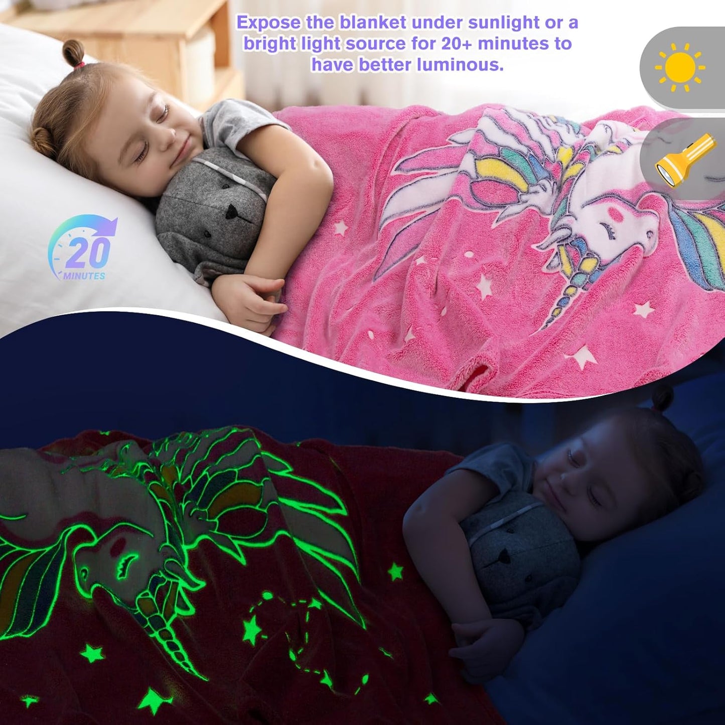 Unicorn Blanket Gifts for Girls Kids - Glow in The Dark Toys Stars Best Christmas Birthday