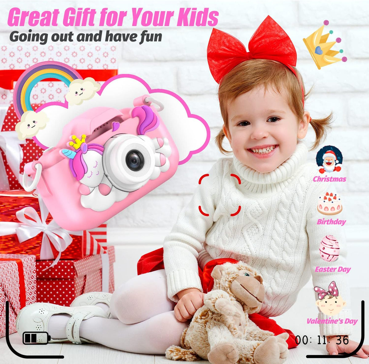 Upgrade Unicorn Kids Camera, Christmas Birthday Gifts for Girls Boys Age 3-12, 1080P HD Selfie