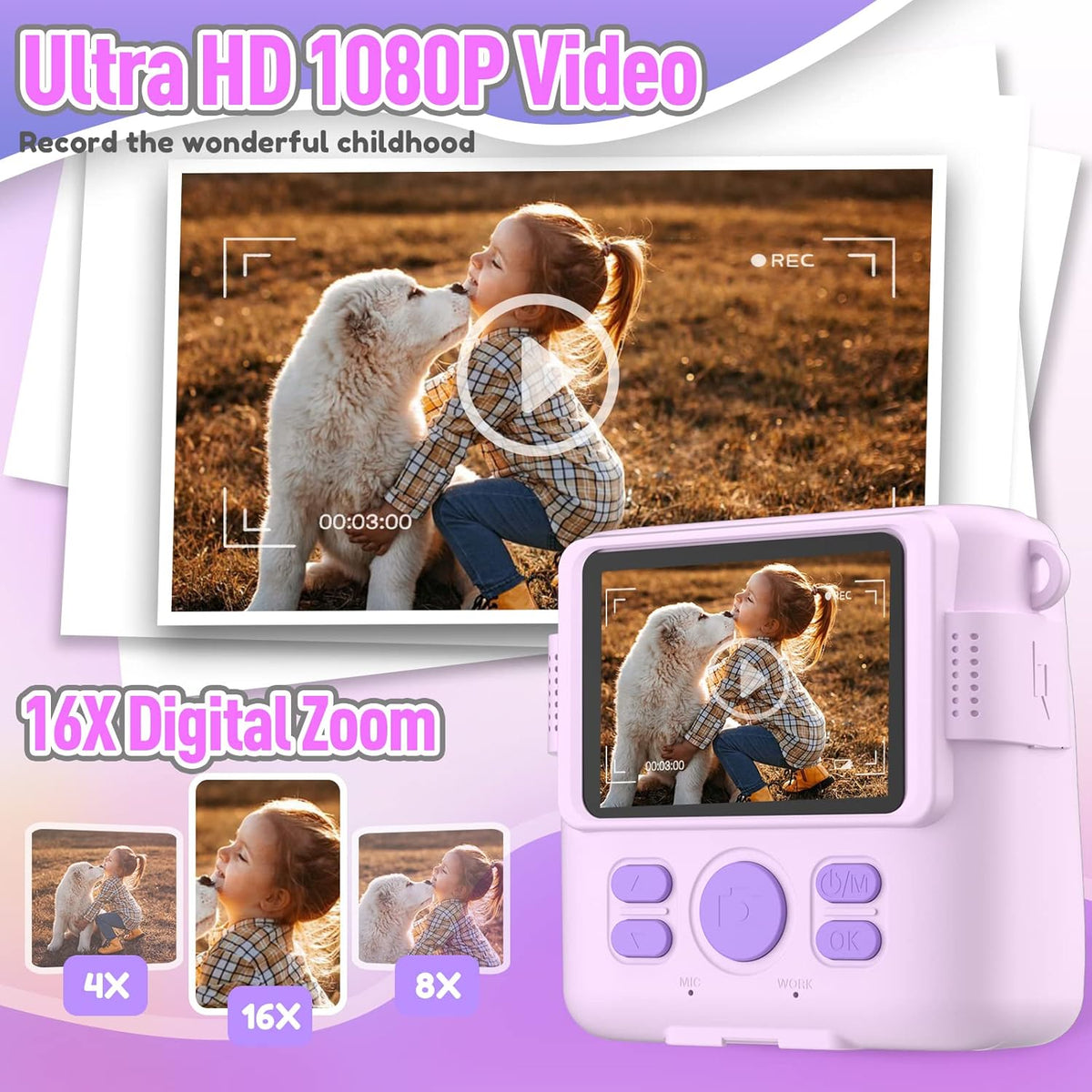 Instant Print Camera for Kids, Christmas Birthday Gifts for Girls Boys, HD Digital Video Cameras