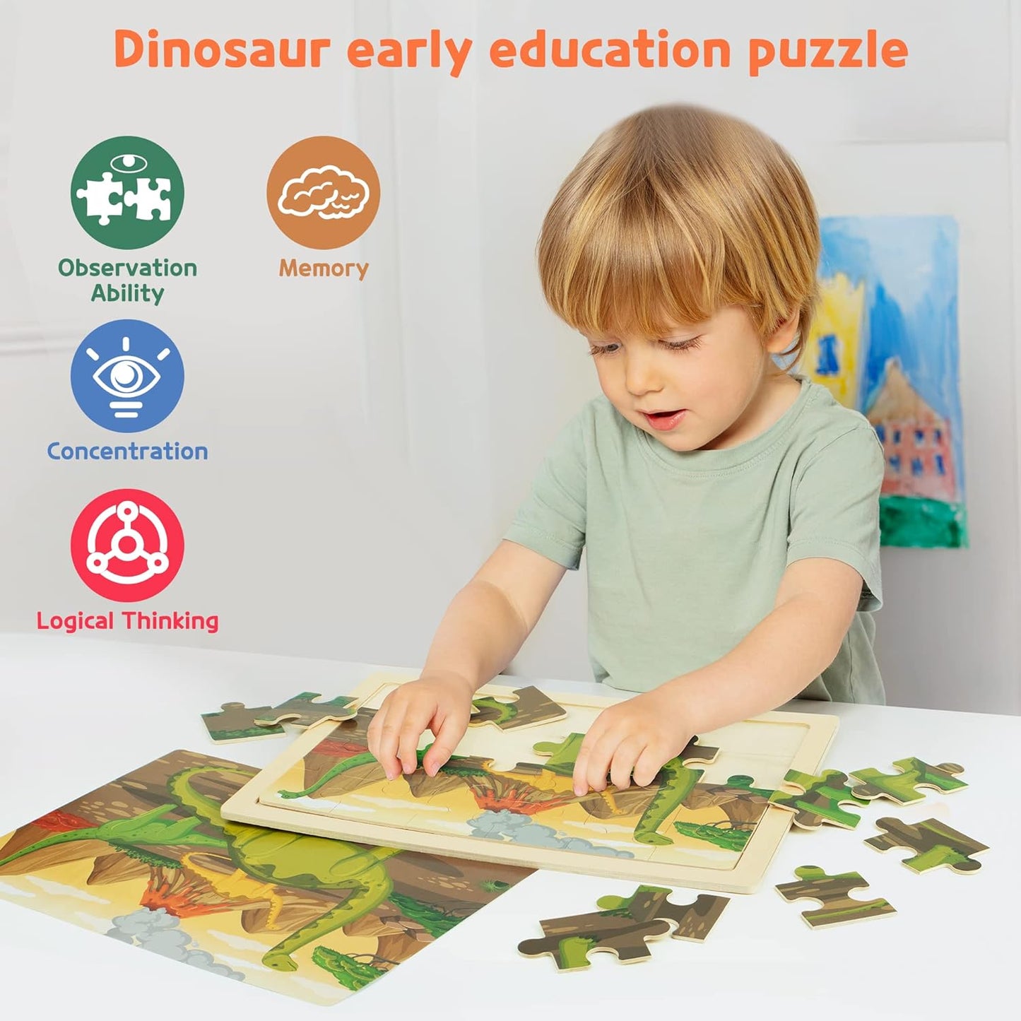 SYNARRY Large Dinosaur Wooden Puzzles for Kids 4 in 1 Gift Box(12.2 * 9.4 in) - FSC Certified