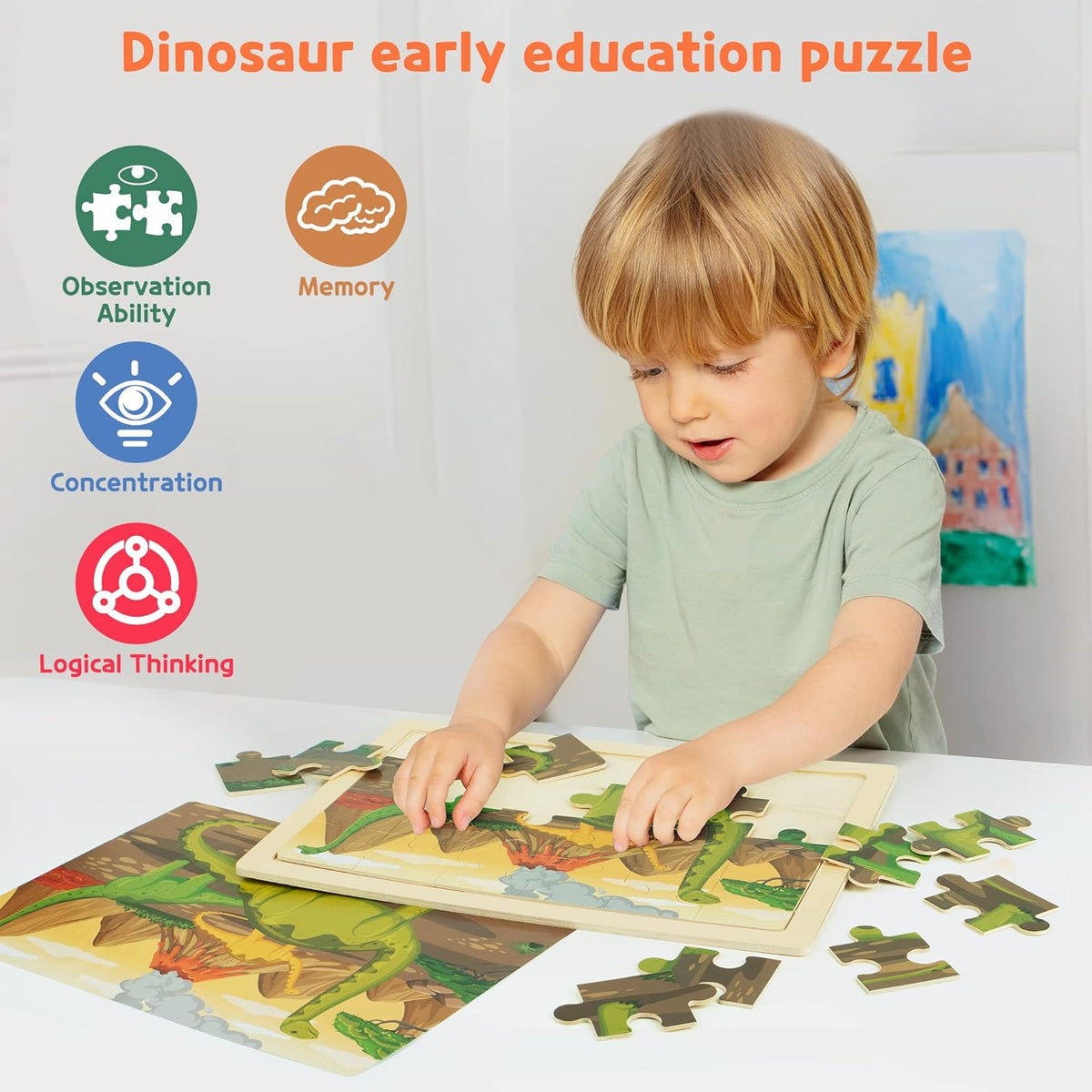SYNARRY Large Dinosaur Wooden Puzzles for Kids 4 in 1 Gift Box(12.2 * 9.4 in) - FSC Certified