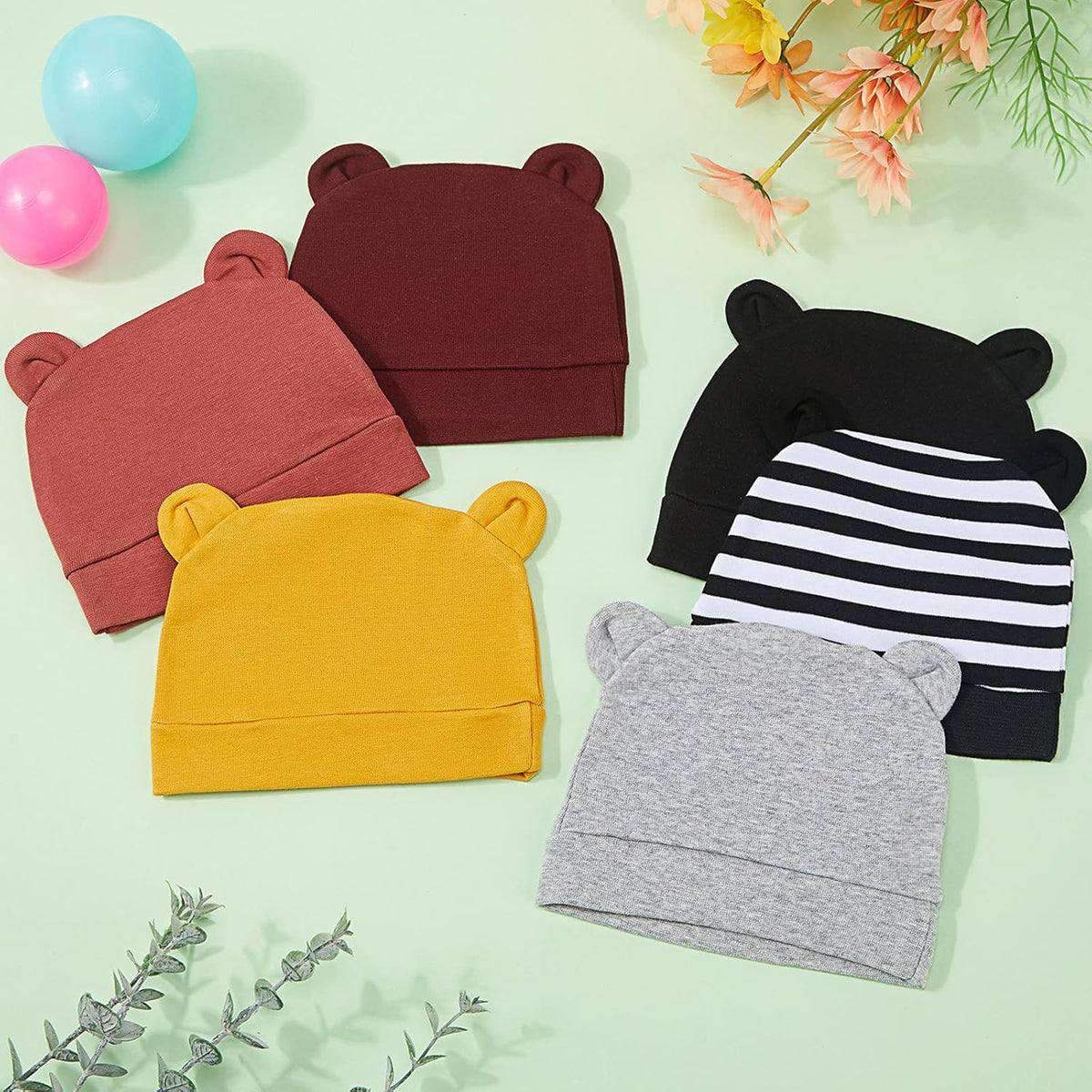 Geyoga 6 Pieces Newborn Baby Hat Bear Ears Infant Caps Baby Boy Girl Toddler Hats Infant Beanie