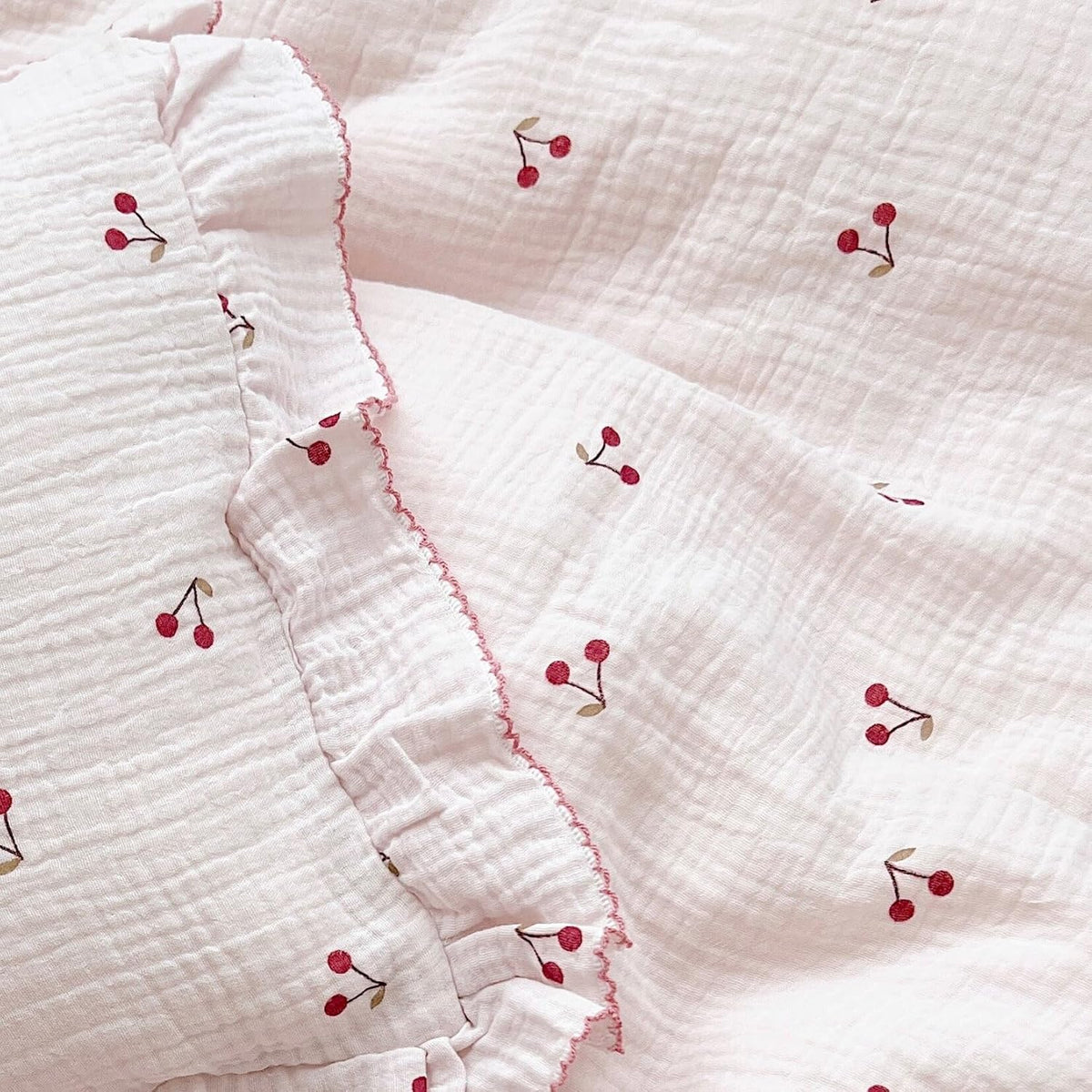 BuLuTu Cotton Muslin Kids Toddler Pillowcase Cherry Pattern, Soft Travel Pillow Ruffle Edge Nursery