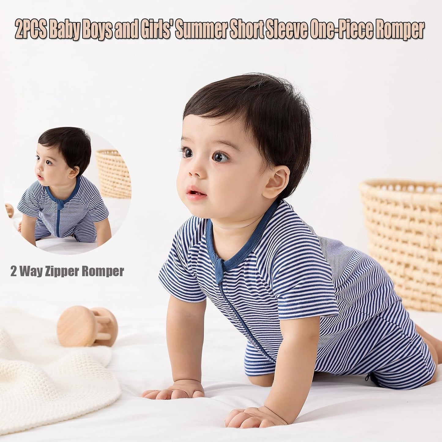 Feidoog Baby Boys 2Pack Rompers Summer Short Sleeve 2 Way Zipper One-Piece Romper Jumpsuit Sleep