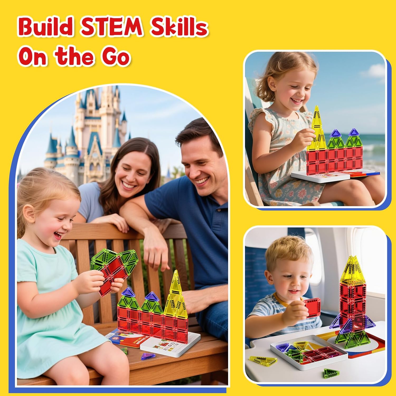 Magnetic Tiles Travel Toys with Storage Case, Portable STEM Building Blocks for 3-8 Year Olds