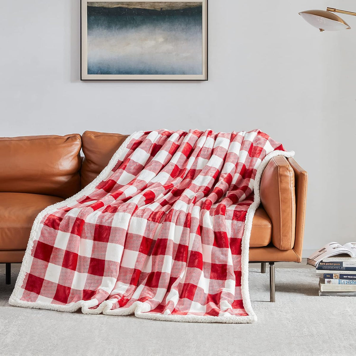 Touchat Sherpa Red and White Buffalo Plaid Christmas Twin Blanket 60" X 70", Fuzzy Fluffy Soft Cozy