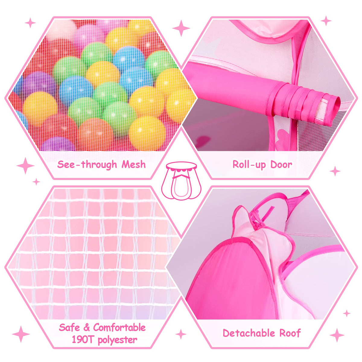 DISHIO Ball Pits with 50 Balls, Pop up Tents for Kids with Star Lights