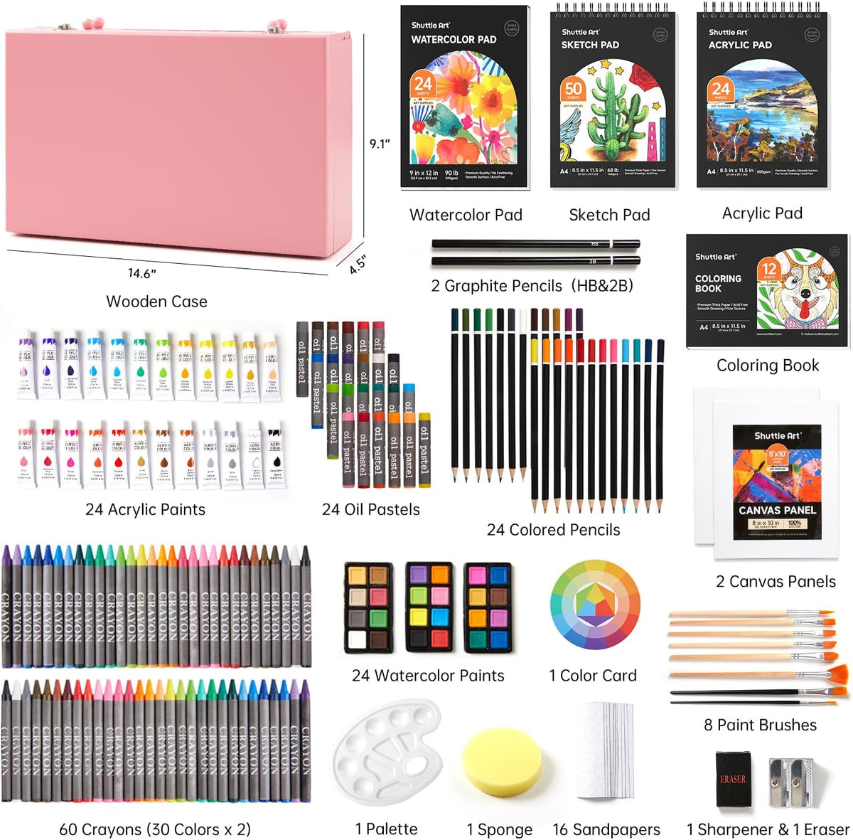 Shuttle Art Deluxe Gift Art Kit, 202-Piece Wooden Art Supplies Set with 4 Drawing Pads, Canvases