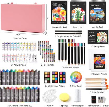 Shuttle Art Deluxe Gift Art Kit, 202-Piece Wooden Art Supplies Set with 4 Drawing Pads, Canvases
