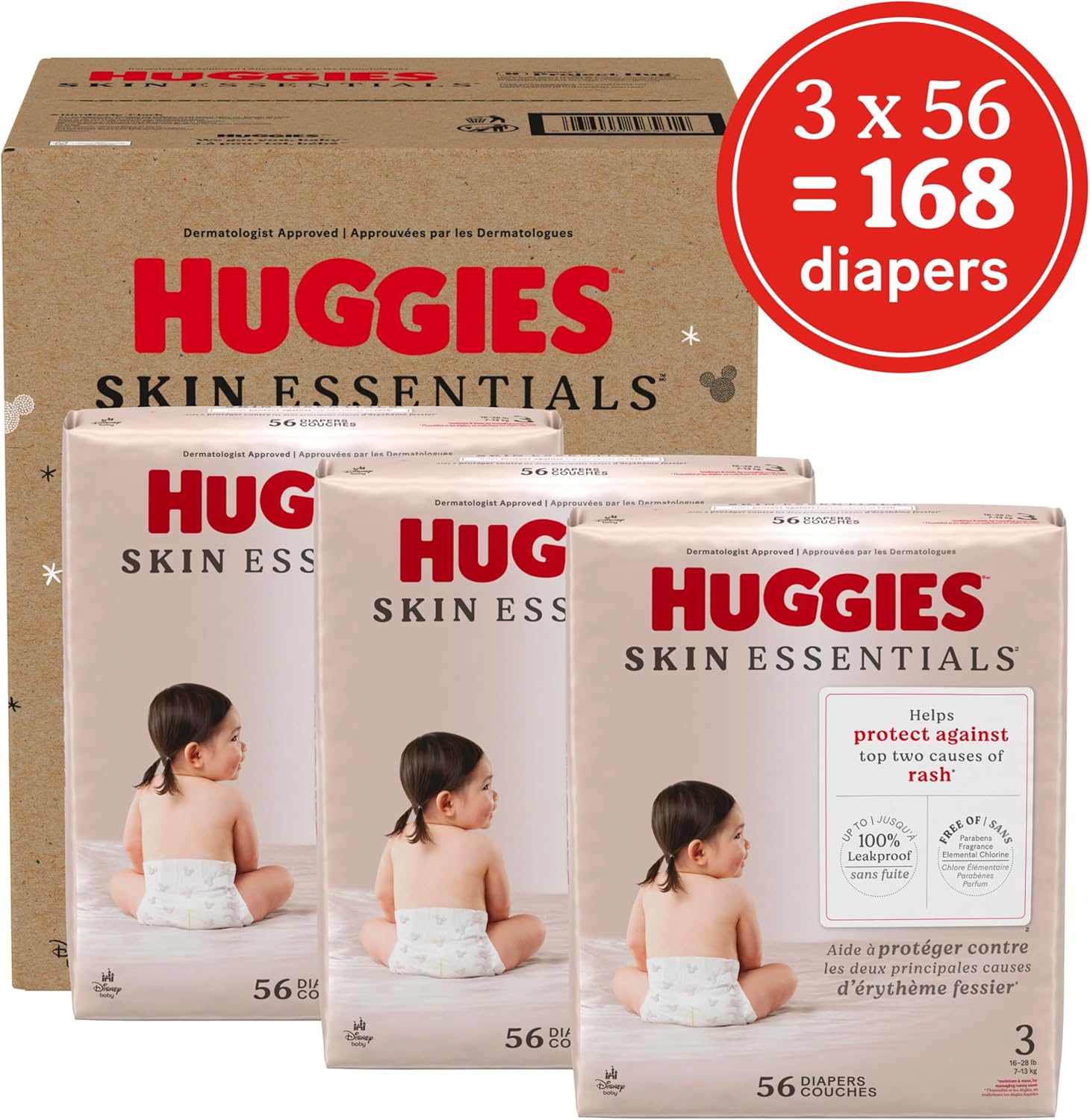 Huggies Size 3 Diapers, Skin Essentials Baby Diapers, Size 3 (16-28 lbs), 168 Count (3 Packs of