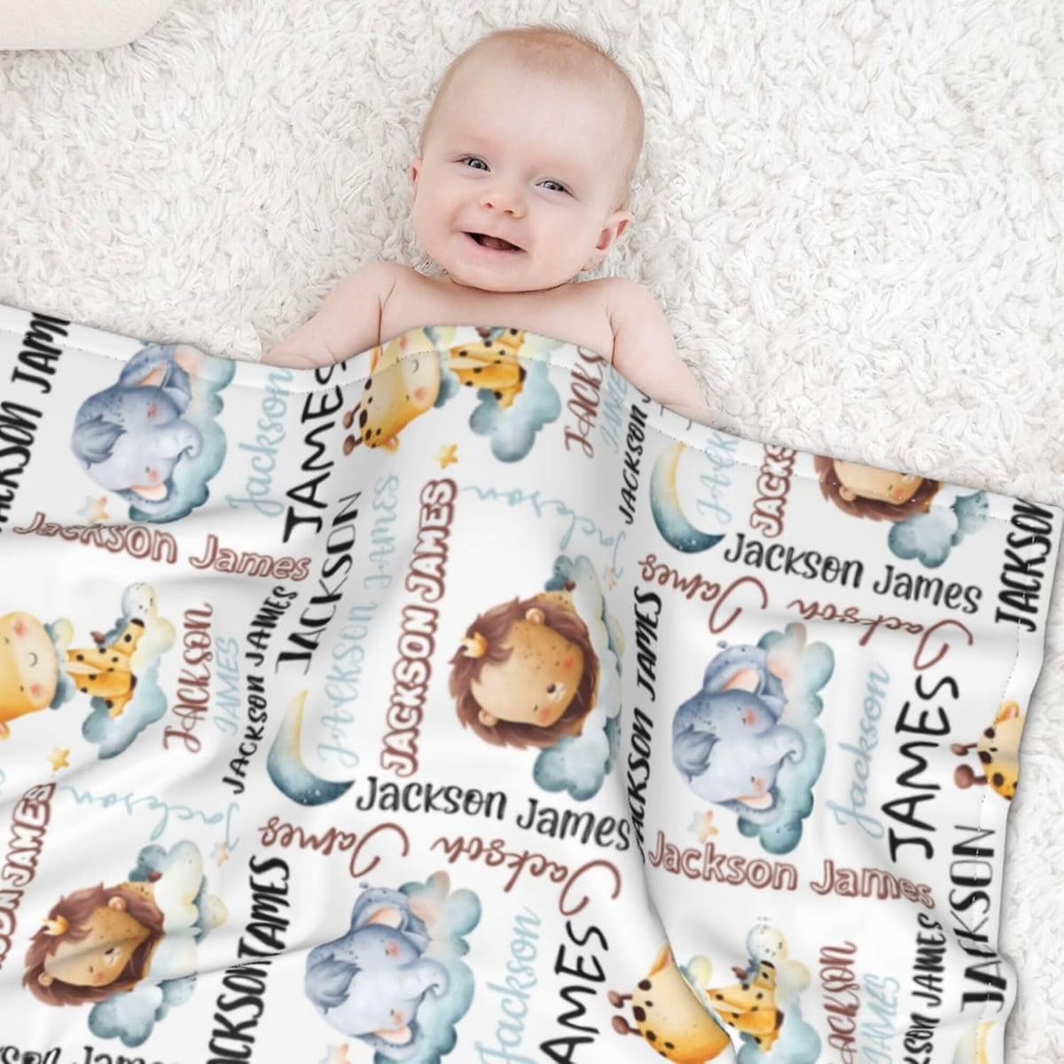 Personalized Baby Blanket for Boys, Custom Baby Blanket with Name, Safari Animal Blanket Name Baby