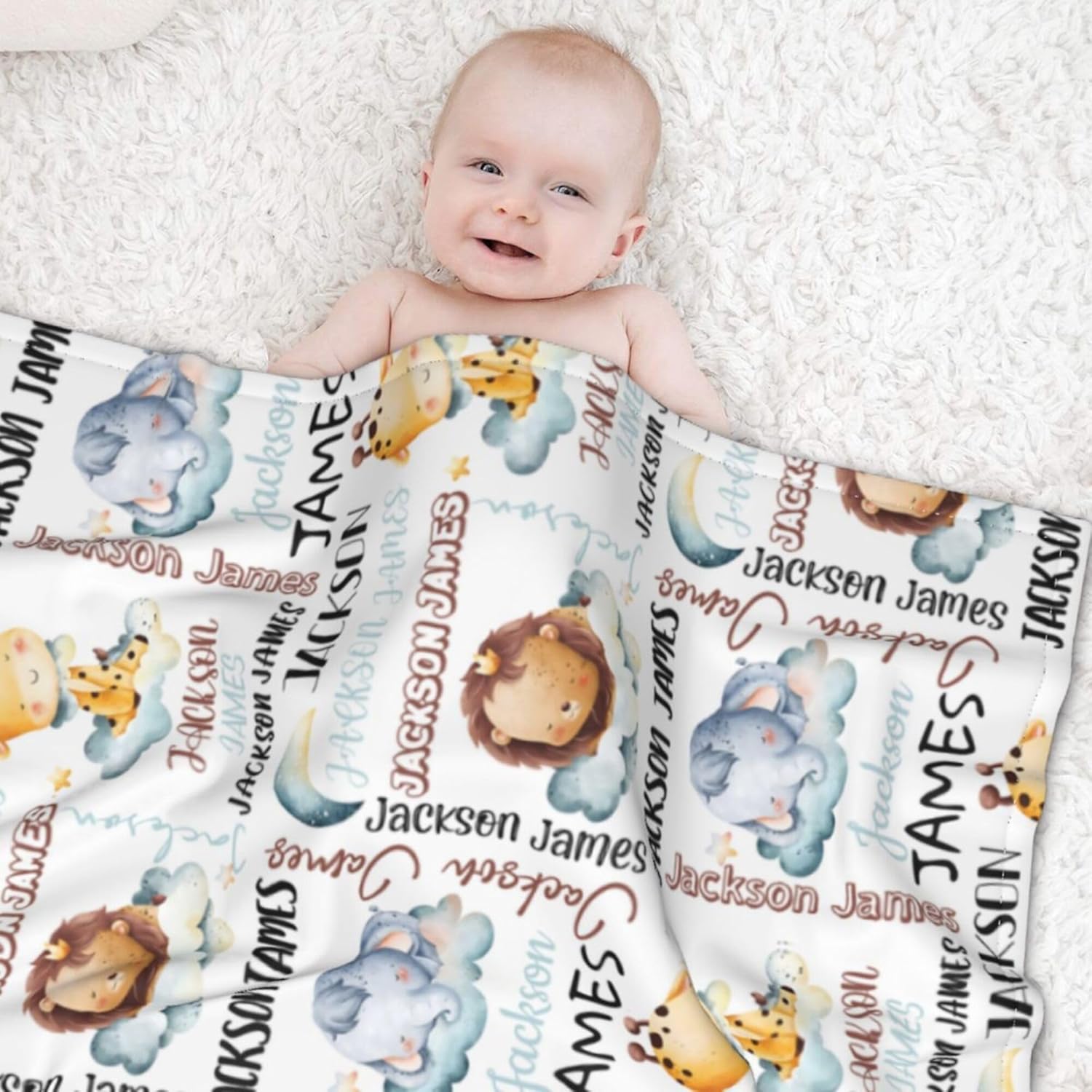 Personalized Baby Blanket for Boys, Custom Baby Blanket with Name, Safari Animal Blanket Name Baby