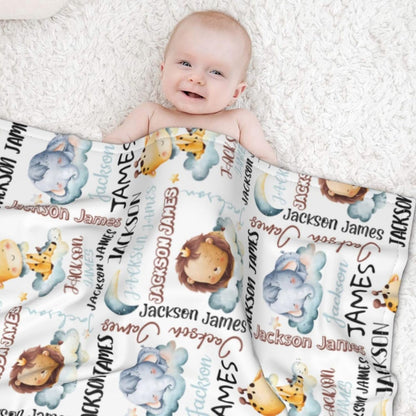 Personalized Baby Blanket for Boys, Custom Baby Blanket with Name, Safari Animal Blanket Name Baby