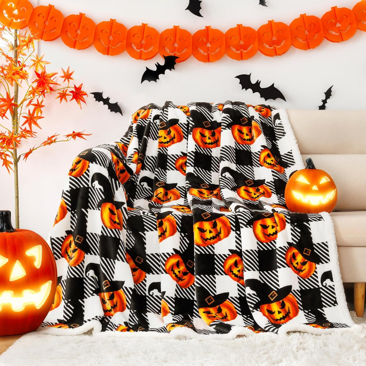 Touchat Halloween Blanket Twin Size 60" X 70"，Pumpkin Sherpa Fall Fuzzy Fluffy Soft Cozy Blankets
