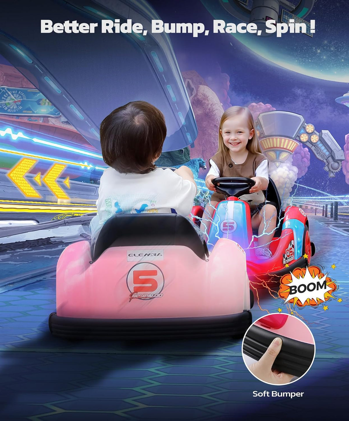 ELEMARA Toddler Bumper Car with Big Wheels, 2.2 Mph, Ride On Toys for Toddlers with DIY Stickers