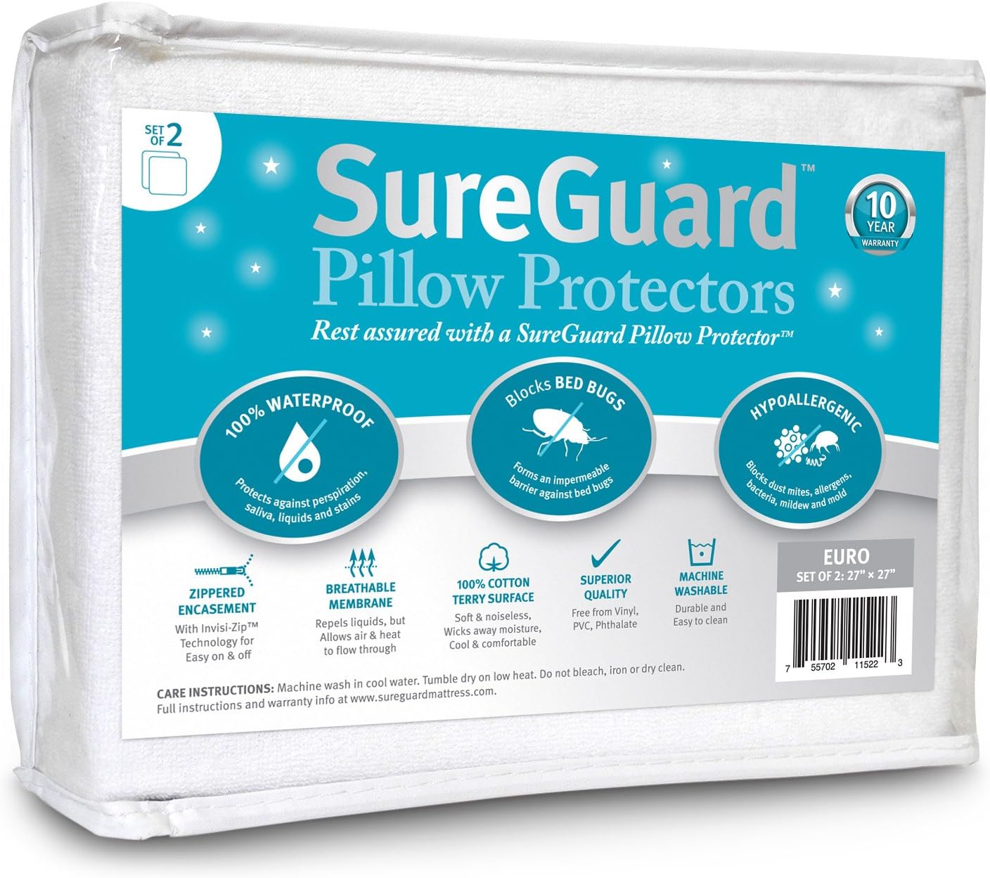 Set of 2 Euro Size SureGuard Pillow Protectors - 100% Waterproof, Bed Bug Proof, Hypoallergenic